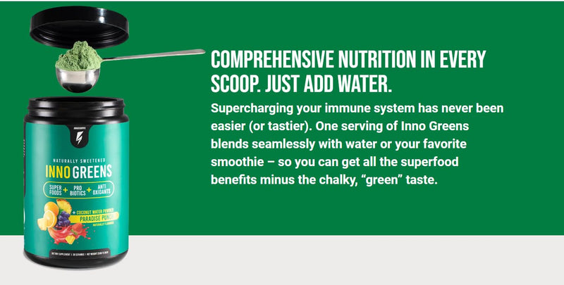 Inno Greens | 28+ Organic Greens & Superfoods | Advanced Prebiotics + Probiotics | Super Antioxidant + Hydration | Spirulina, Chlorella, Ashwagandha | Natural | 30 Servings (Strawberry Banana) Strawberry & Banana