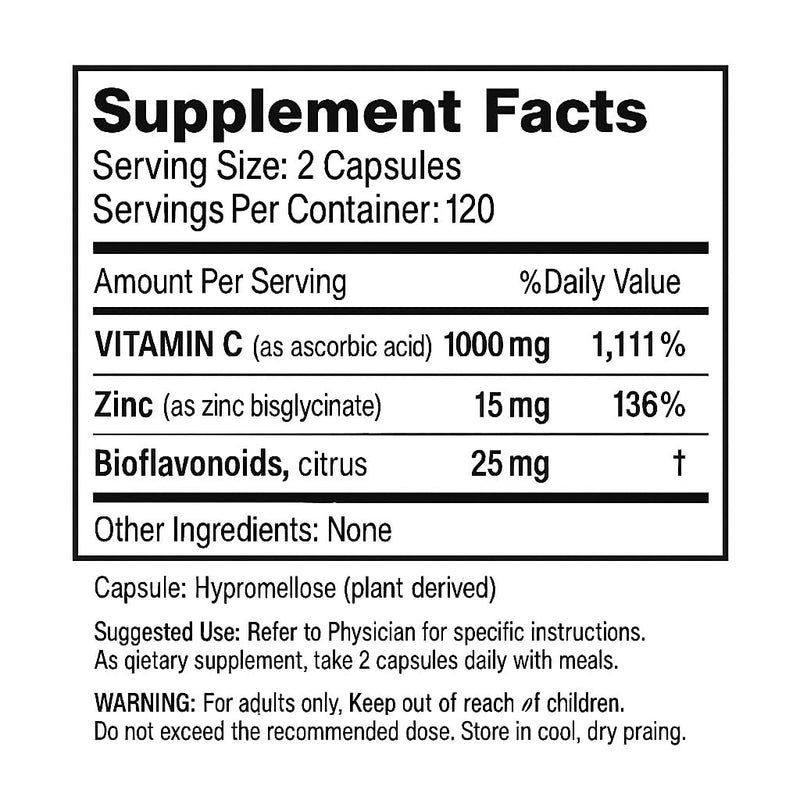 Vita4Life!® Vitamin C 1000mg with Zinc & Bioflavonoids - 240 Capsules - High Potency Immune Support, Antioxidant Protection - Non-GMO, Gluten Free - GMP Certified