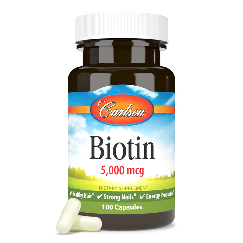Carlson Biotin, 5000 mcg, Healthy Hair, Strong Nails, 100 Capsules | Skin health; Energy Production 100 Count (Pack of 1)