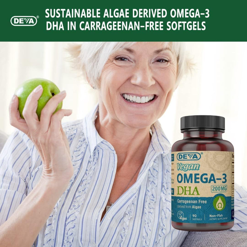 DEVA Vegan Omega-3 DHA Supplement, Once-Per-Day Softgel 200 MG, Carrageenan Free, Gelatin Free, Non-Fish, Algae Oil, Omega-3 Fatty Acids - 90 Softgels (Pack of 2)