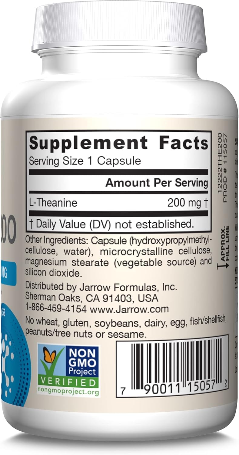 Jarrow Formulas Extra Strength L Theanine 200mg Dietary Supplement that Promotes Relaxation, Supplement for Relaxation Support, 60 Veggie Capsules, 60 Day Supply (Pack of 2) 60 Count (Pack of 2) Theanine 200mg - 2 Pack