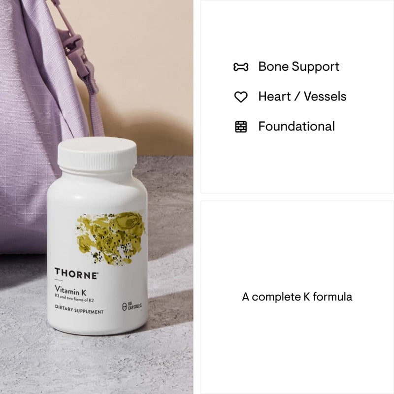 THORNE Vitamin K (Formerly 3-K Complete) - Vitamins K1 and K2 (as MK-4 and MK-7) - Supports Strong Bones - 60 Capsules - BeesActive Australia