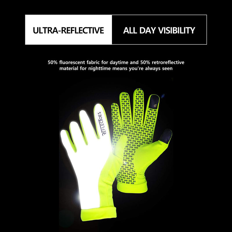 ReflecToes Reflective Winter Running Gloves - Touch Screen Compatible Warm Gloves -Thermal Fleece - Cold Weather Hi Vis Safety for Night Runs Yellow Medium