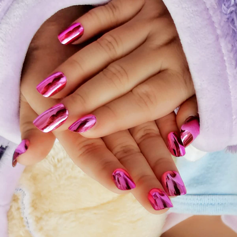 24 Pieces Mirror Chrome Kids Press on Nails Pre-glue Children Mirror Effect False Nails Short Oval Full Cover Artificial Fake Nails Metallic Rose Red Acrylic Nail Tips for Little Girls Gift (Rose Red) - BeesActive Australia