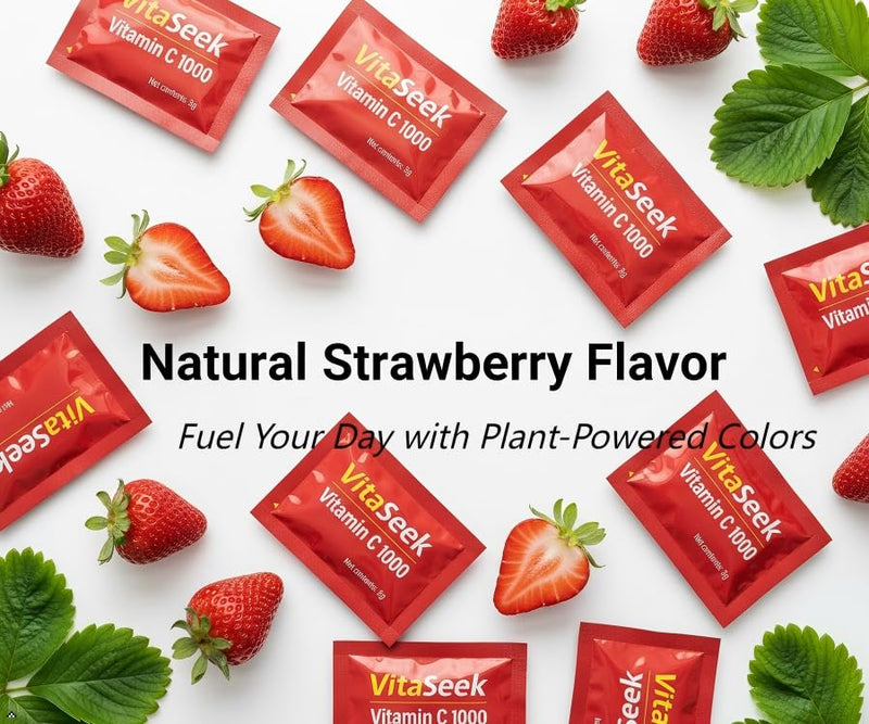 Vitamin C 1000mg Powder Packets Sugar Free Drink Mix Individual Serving Sticks Strawberry Flavors On The Go Immune Support for Adults 120 Count 120 sticks