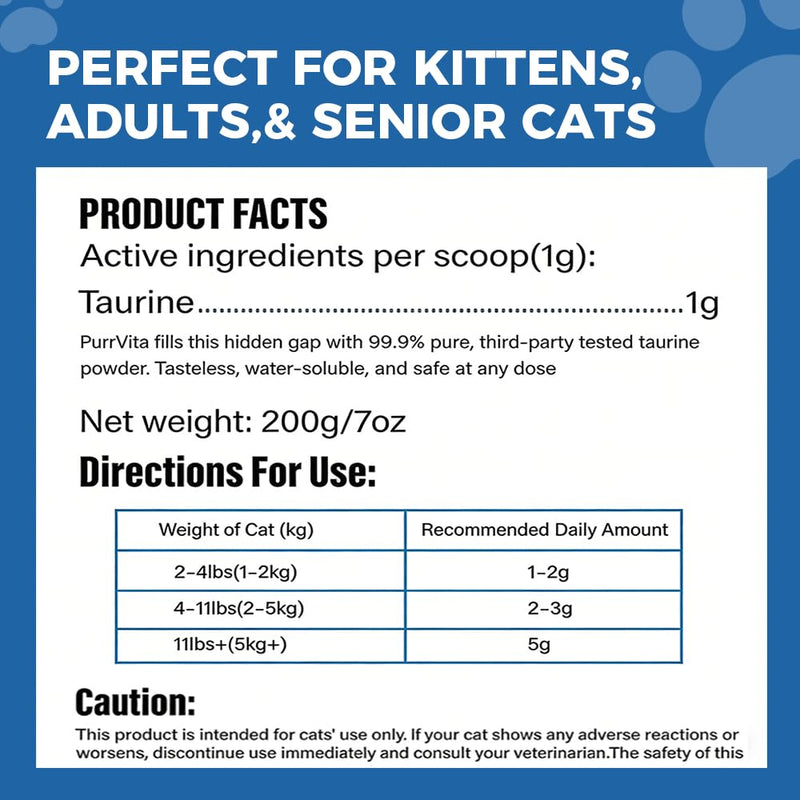 PurrVita Taurine for Cats, Pure Taurine Supplement for Cats Powder, Grade Amino Acid Supplement for Heart, Vision & Daily Wellness, 200 Gram(1) 1