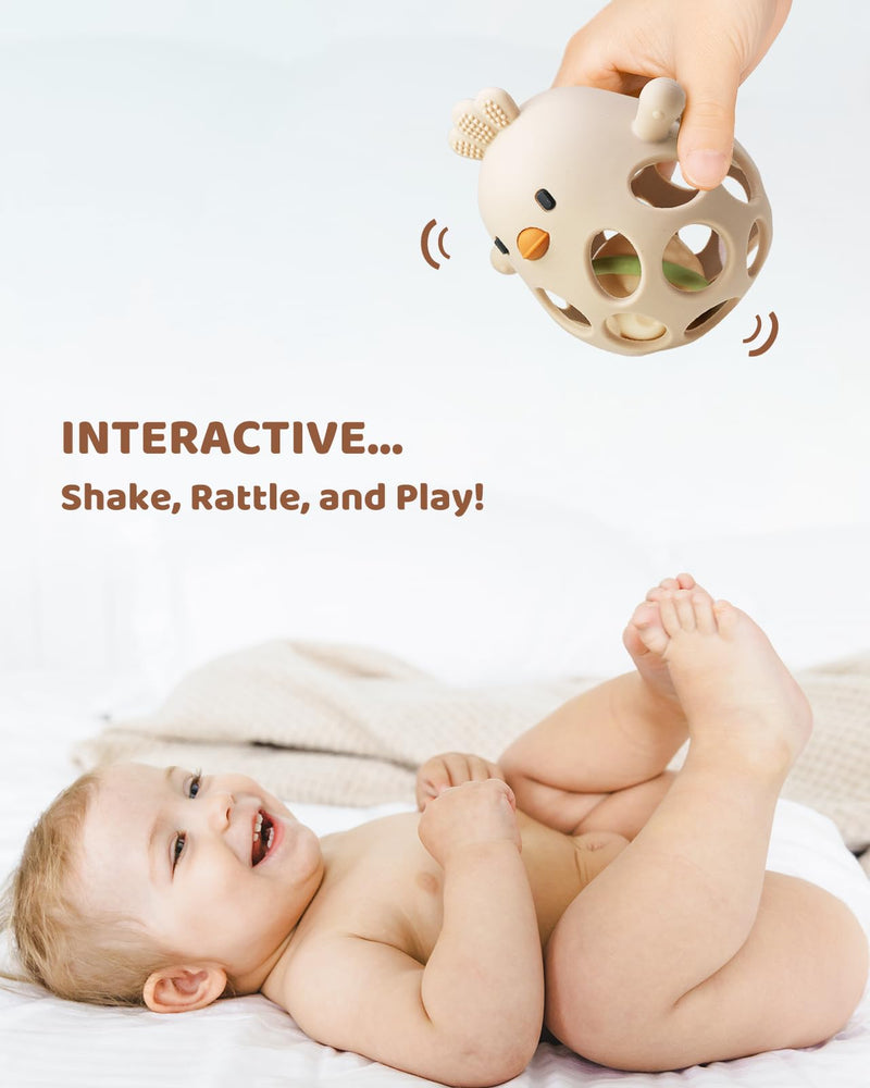 2-in-1 Baby Teething Rattle Toy, Sensory Grasping Teether for Infants 3-12 Months, 100% Food-Grade Silicone, Easy to Hold, Soothing & Developmental, BPA Free Beige w/Rattle