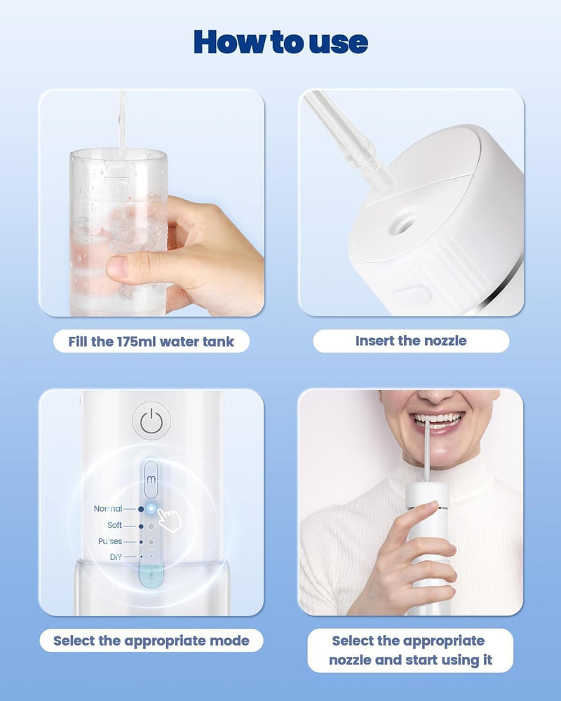 FERRISA Portable Cordless Water Flosser Rechargeable, Detachable Water Tank, Water Dental Flosser with 4 Refill Heads, 4 Modes & Ipx7 Waterproof, Travel Water Flosser for Braces, Teeth Care White