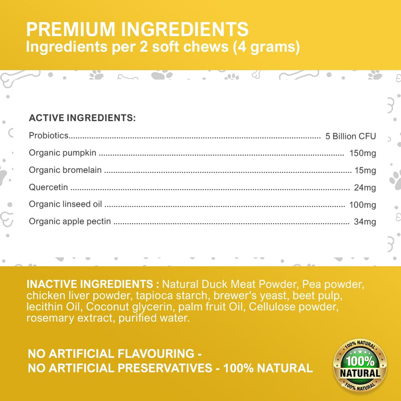 Probiotics for Dogs – Dog Probiotic Soft Chews Duck Flavour with 5 Billion CFU Pre & Probiotics – Daily Digestive & Gut Support Supplement for Dogs – Pumpkin & Linseed Oil – 100 Chews