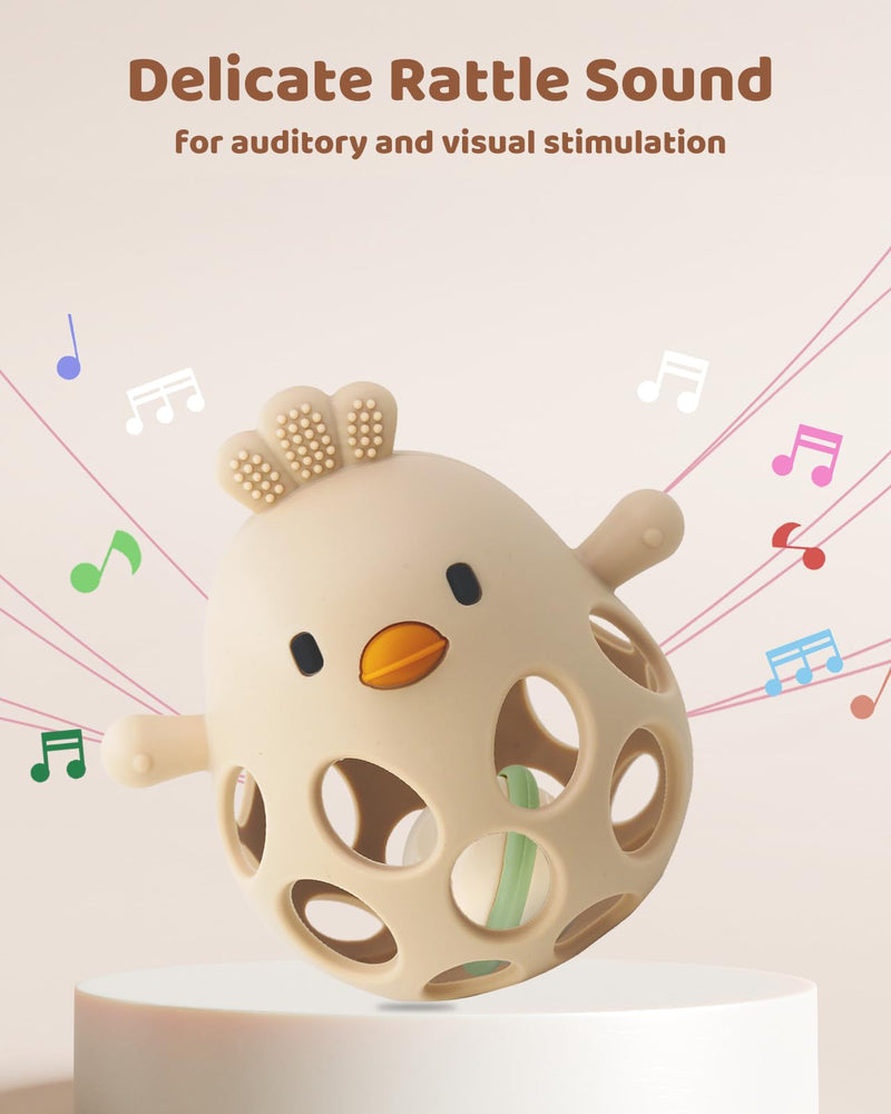 2-in-1 Baby Teething Rattle Toy, Sensory Grasping Teether for Infants 3-12 Months, 100% Food-Grade Silicone, Easy to Hold, Soothing & Developmental, BPA Free Beige w/Rattle