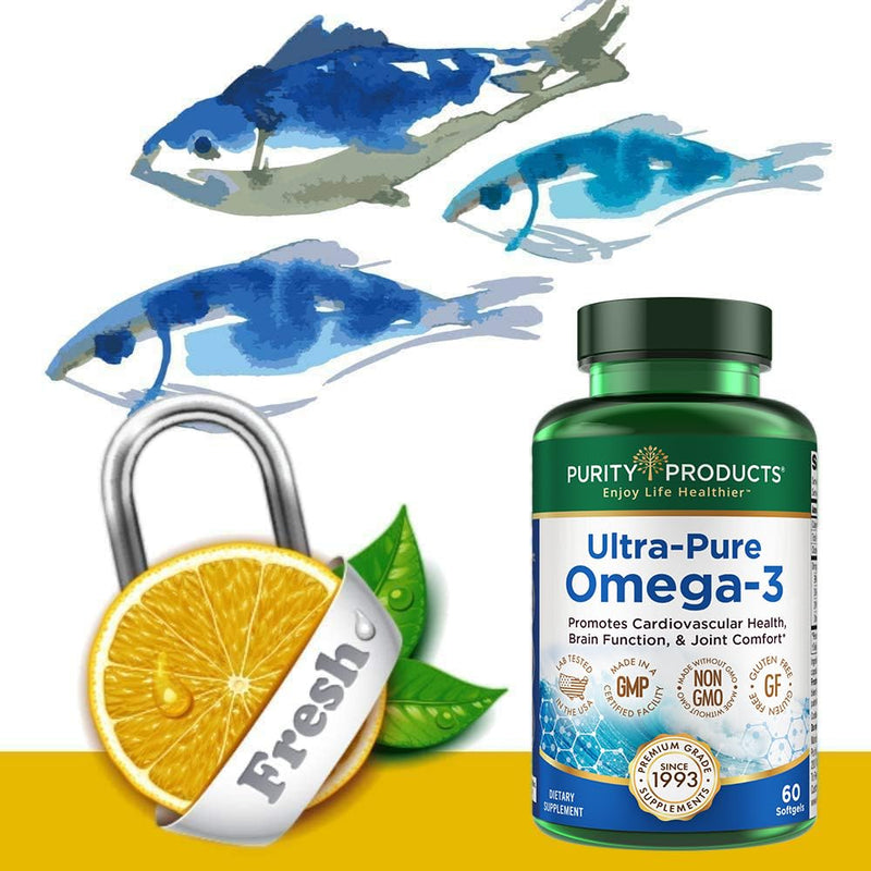 Purity Products - Ultra Pure Omega 3 ,60 softgels | Omega 3 Essential Fatty Acids - EPA, DHA & DPA - High Absoption Triglicerides - with LemonLock Freshness Technology Lemon 60 Count (Pack of 1)