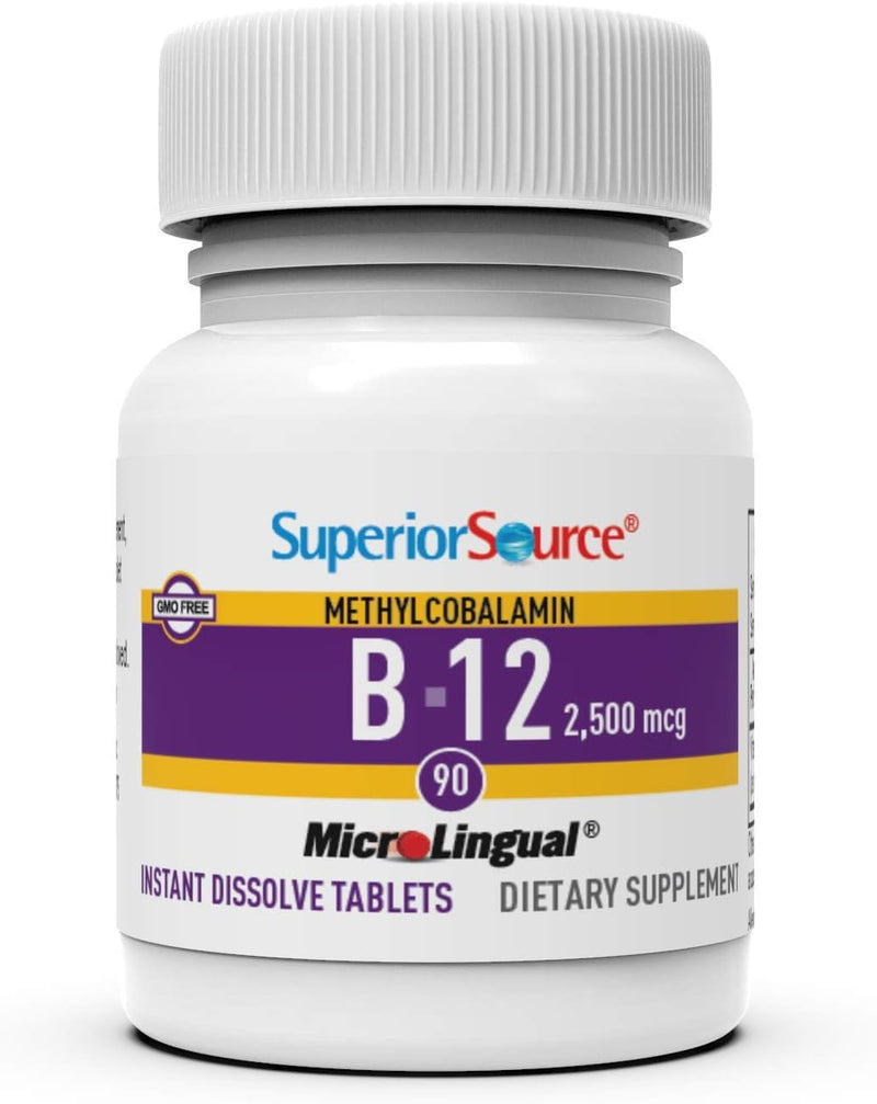Superior Source No Shot Vitamin B12 Methylcobalamin 2,500 mcg, Quick Dissolve MicroLingual Tablets, 90 Count, Active Form of B12, Supports Energy Production, Nervous System Support, Non-GMO Vitamin B12 2,500mcg