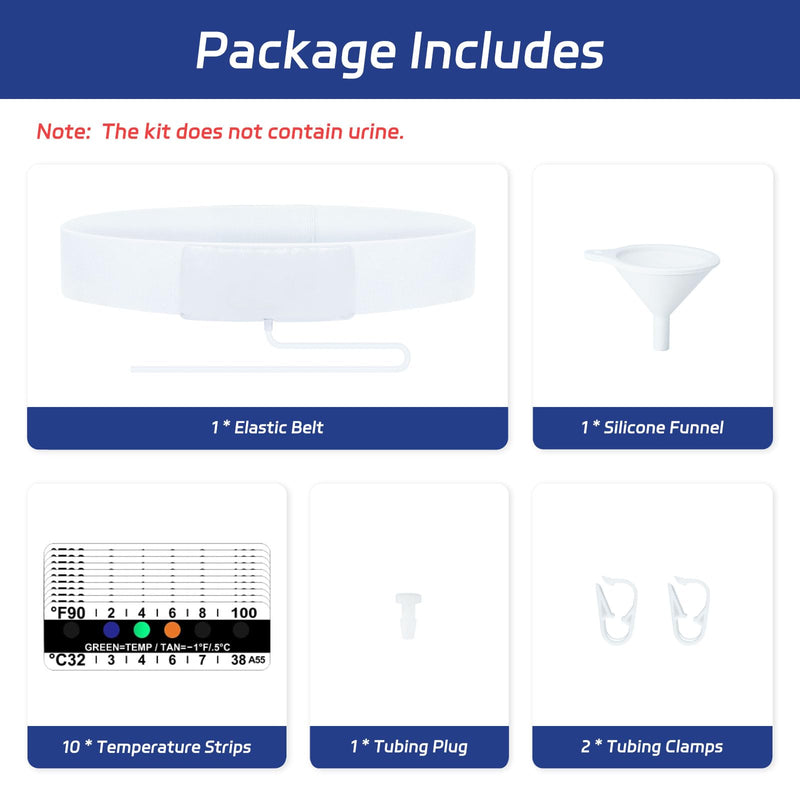 Urine Test Complete Kit – 2 oz to 4 oz Concealed Sample Bag with Adjustable Belt, 43.3” Hi-Stretch and Comfortable Belt, Urine Test Thermometer Stickers and Silicone Funnel White - BeesActive Australia