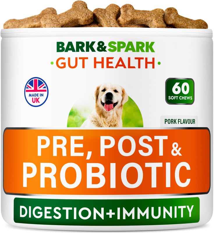 BARK&SPARK Vet Strength Dog Probiotics for Gut Health & Digestive Enzymes - Gas, Diarrhea, Constipation Chewables - Allergies Itchy Skin - Dogs Digestive Health - 60 Count (Pack of 1) Unflavored