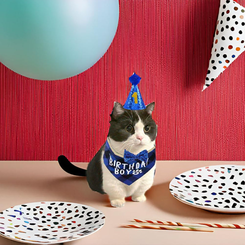 Cat Birthday Party Supplies Cat Kitten Bandanas,Cat Birthday Hat,Cat Birthday Number,Cat Birthday Banner,Cat Bowtie, 8 Letter Balloons,Birthday Outfit for Cat Kitten,cat Birthday Decoration.. - BeesActive Australia