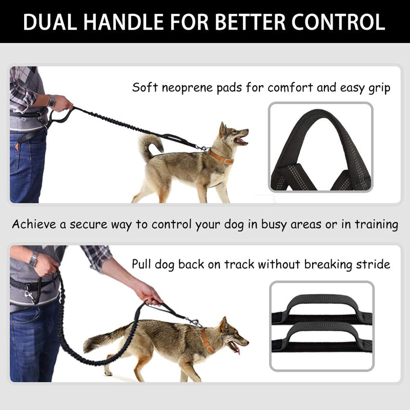 Hands Free Dog Leash, Waist Running Leash with Zipper, Walking Pouch for Medium Large Dogs, Dual Handle and Retractable Bungee for Training Jogging Hiking Black/Black