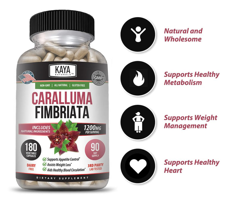 Kaya Naturals - Caralluma Fimbriata 1200mg High Potency Supplement | Maximum Strength Natural Endurance Support, Vegetarian Capsules (180 Count) 180 Count (Pack of 1)