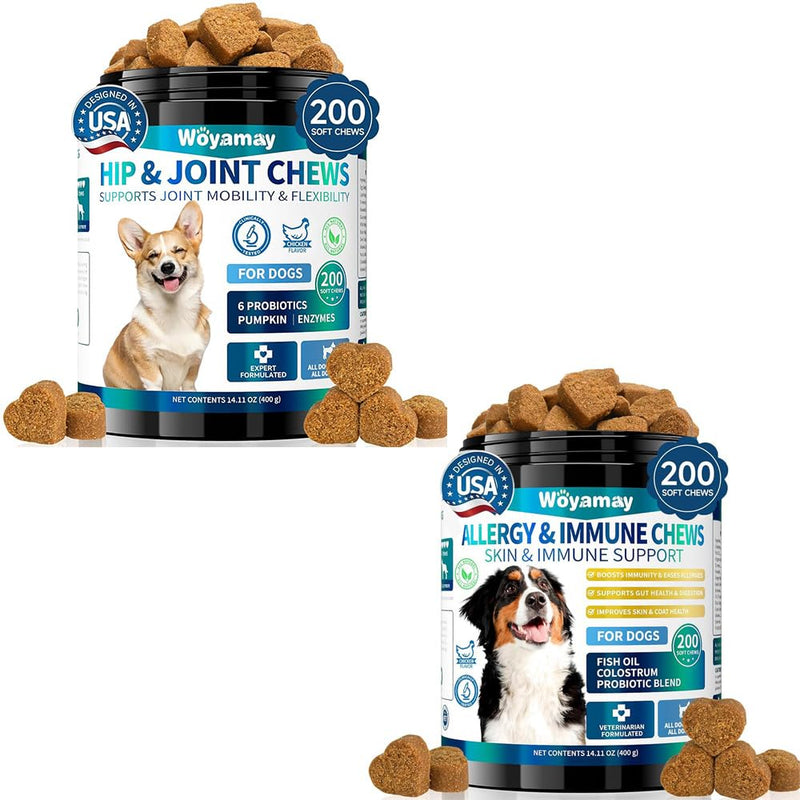 2-in-1 Dog Health Bundle: Allergy & Skin + Hip & Joint Chews (200 Each) - Glucosamine, Omega 3, Turmeric for Itch Relief & Joint Mobility, Chicken Flavor