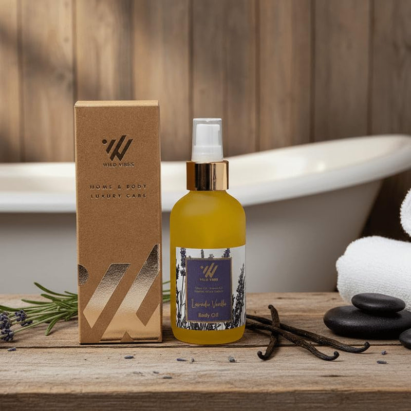 Wild Vibes Lavender Vanilla Body & Massage Oil - Hydrating Jojoba, Papaya and Shea Nut Oils, Vitamin E, Lupine Seed Extract for Collagen Production – Nourishing Oil for All Skin Types 4oz