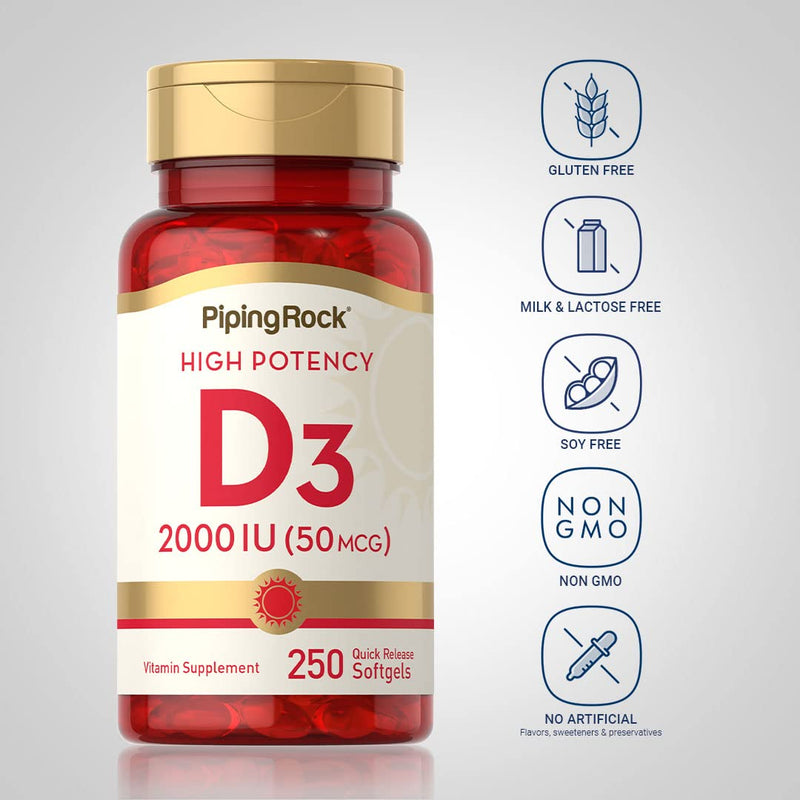 Piping Rock Vitamin D3 2000 IU | 250 Softgels | High Potency | Cholecalciferol Supplement | Non-GMO, Gluten Free 250 Count (Pack of 1)