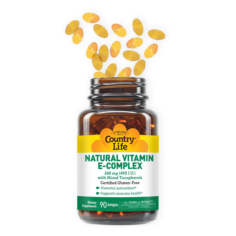 Country Life Vitamin E Complex 400 IU with Mixed Tocopherols, 90 Softgels | Natural d-alpha vitamin E with mixed tocopherols provides antioxidant and immune support in a gluten-free once-daily softgel
