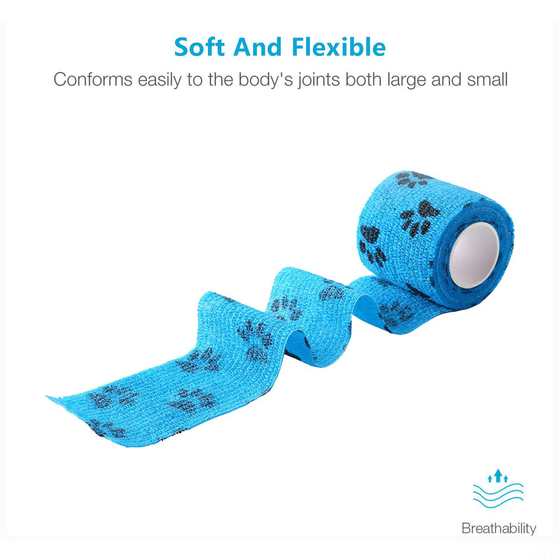 WePet Pet Wrap, Self-Adhesive, Only Sticks to Itself, Non-Woven Tape for Dog Legs, Paws, Wounds, First Aid Cohesive Gauze for Horse, Cat, Bird, Animal, 6 Rolls, 2 Inch, Pawprints A 2 inch (Pack of 6) Pawprints A, 2 of Each Color - BeesActive Australia
