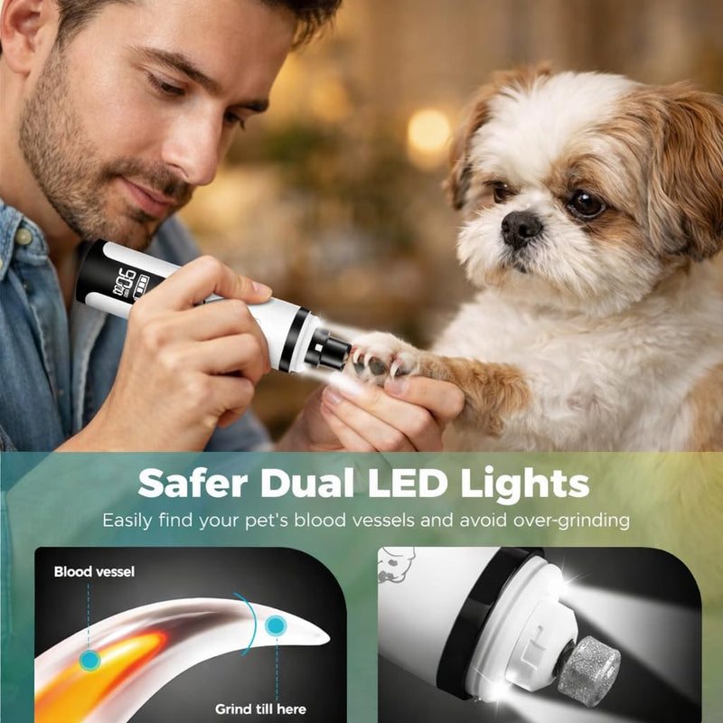 Professional Dog Nail Grinder with LED Quick Sensor Light & LCD Screen, 3-Speed, Corded/Cordless, 8Hr Runtime, Quiet Electric Pet Nail Trimmer Kit w/Clippers, 2000mAh Rechargeable for Dogs & Cats