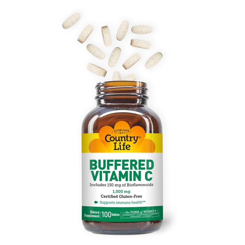 Country Life Buffered Vitamin C 1,000 mg with Bioflavonoids, 100 Tablets | Powerful antioxidant supports immune health; Certified Gluten-Free, Vegan and Kosher Parve 100 Count (Pack of 1)