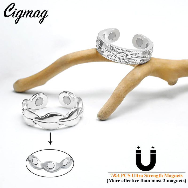 7X Copper Rings for Women 99% Pure Copper Ring Adjustable with Present Box (2PCS) Fishtail & Plum Silver