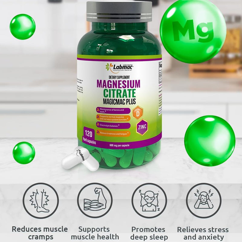 Magnesium Citrate 600mg, 120 Capsules - 3-in-1 Magnesium Citrate Capsules with Vitamin D3 and Zinc Supplements - citrato de magnesio for Muscle, Nerve Function, Healthy Bones, Teeth, Fatigue/Tiredness