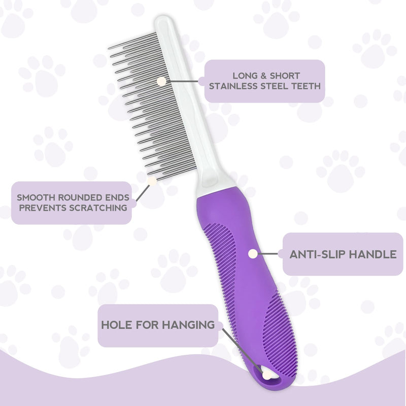 Detangling Pet Comb for Dog & Cat, Grooming Comb with Long & Short Stainless Steel Teeth, Safely Remove Knots & Tangles for Healthy Shiny Coat, Gentle Effective Detangling Tool for Pet Hair (Purple) Purple - BeesActive Australia
