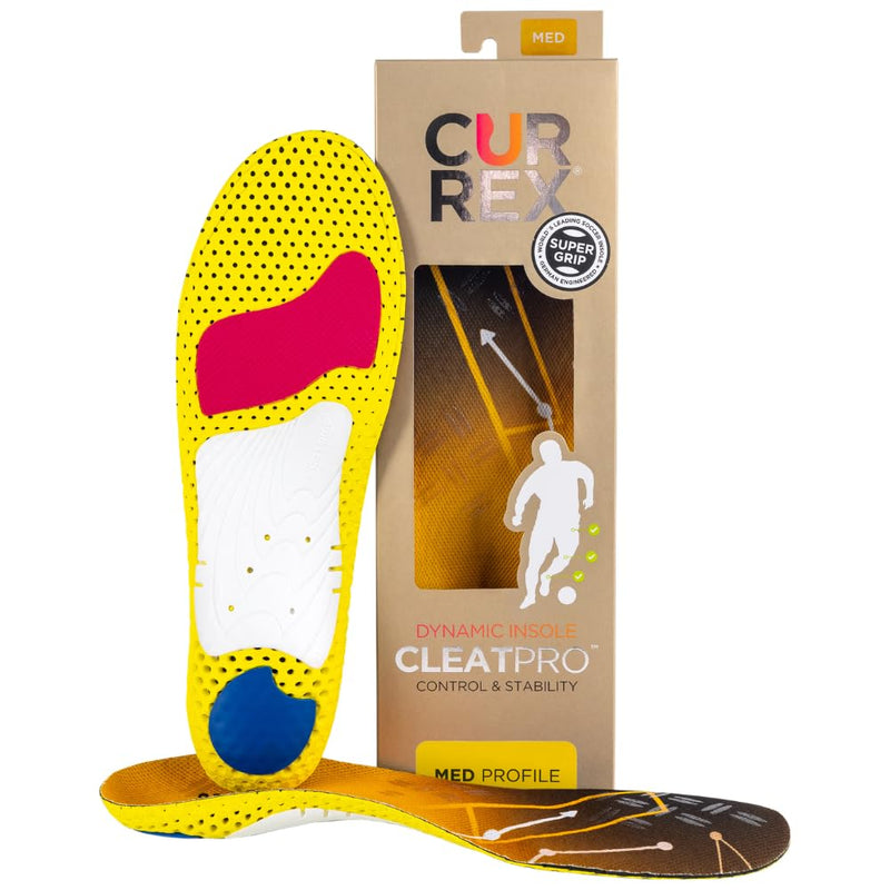 CURREX CLEATPRO - Thin, Arch Support Insoles, Comfort, Cushion & Stability in Cleats, Soccer, Football, Baseball, Softball, Super Grip for Control, Shock Absorbing Inserts, Men, Women, Medium Arch, XL Medium Arch - Yellow
