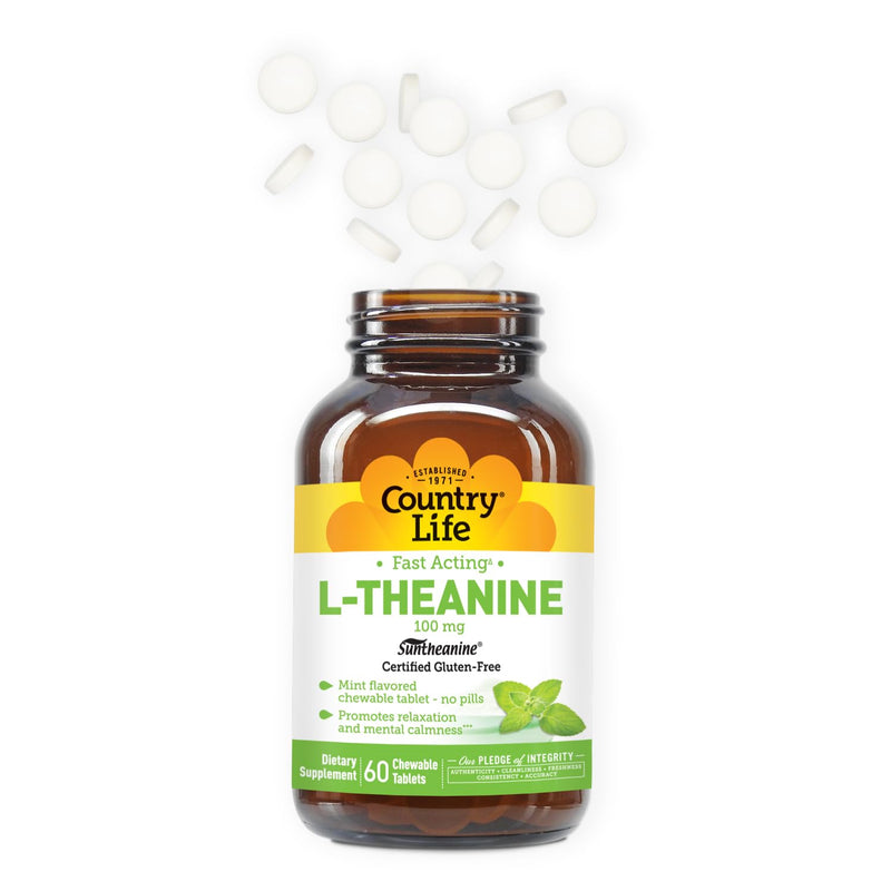 Country Life Fast Acting L-Theanine 100 mg, Mint Chewables, 60 Tablets | Suntheanine L-theanine with vitamin B6 promotes relaxation and mental calmness in a chewable tablet