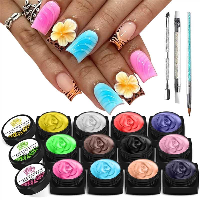 EBANKU 12 Colors Sculpture Painting Nail Gel Set, 3D Nail Carved Gel Sculpture Creative DIY Decoration Painting Glue with Tools, Silicone Pen, Cuticle Pusher and Carving Brush - BeesActive Australia