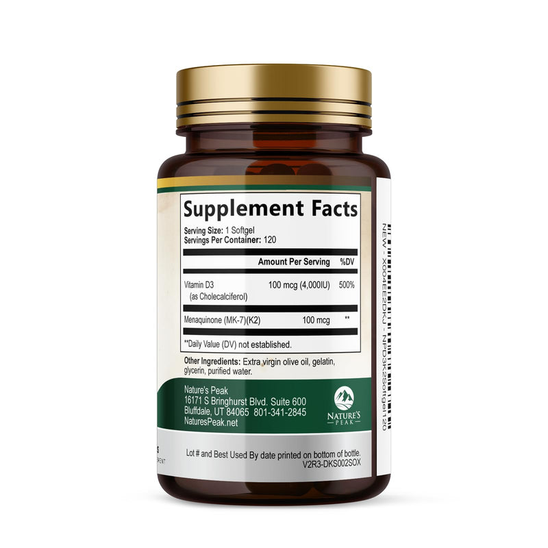 Vitamin D3 K2 - High Potency Vitamin D3 + K2 - 2-in-1 Complex Vitamin D & K2 (MK7) Supplement - Gluten Free - Bone & Immune Support - Vitamin D3 4000 IU Per Softgel - Bottled in the USA - 120 Softgels 120 Count (Pack of 1)