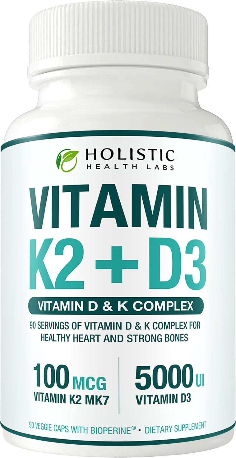 Max Absorption Vitamin K2 + D3 (5000IU) 90 Veggie Capsules From MK-7 (Menaquinone-7) and Cholecalciferol (With BioPerine) 3-Months Supply – D3 with K2 For Healthy Heart and Strong Bones | Non-GMO