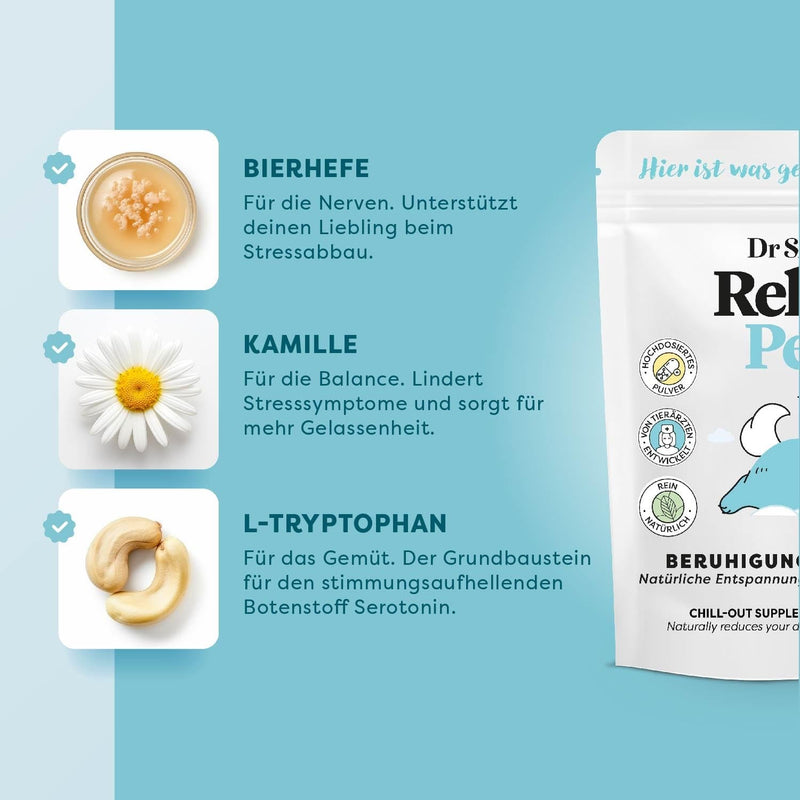 Dr. SAM Premium Anti-Stress Powder for Dogs – RelaxPet as a Natural Soothing Agent for Relaxation from Anxiety and Stress – Peace When Travelling and Special Occasions – High Dose – 45 g Hund