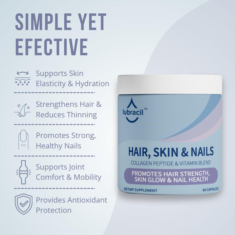 Lubracil Hair, Skin & Nails Vitamin Blend Formula for Women,90 Count-1 Pack | Hair, Skin & Nails collagen blend promotes strong hair, glowing skin, healthy nails, flexibility enhanced formula supplement.