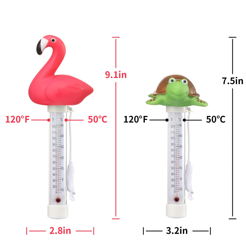 2 Packs Floating Pool Thermometer, Flamingo & Turtle Design Large Size Easy Accurate Readings for Water Temperature, Shatter Resistant with String for Outdoor & Indoor Swimming Pools & Spas - BeesActive Australia