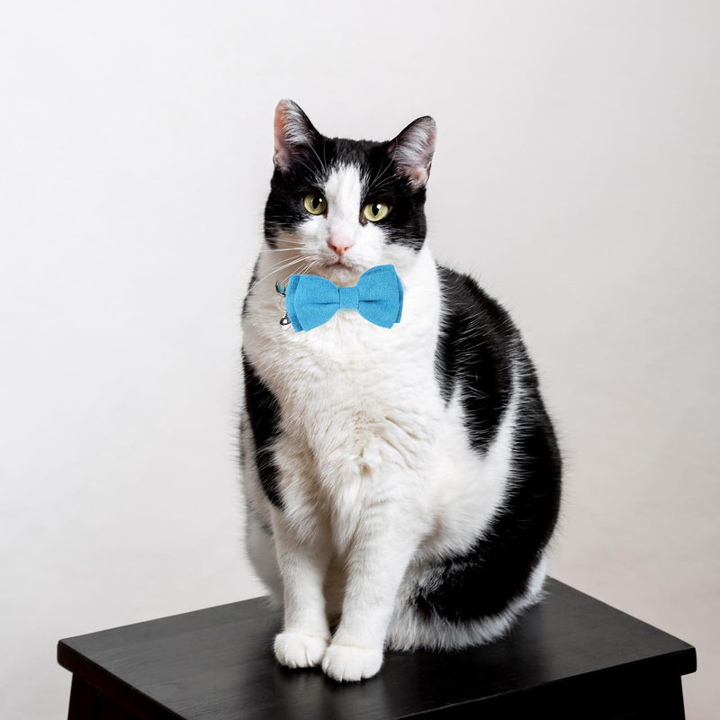Cute Cat Collar with Bell Adjustable Kitten Collar Bow Tie Collar for Boy Cats Small Pet Collar Classic Plaid & Solid Color Breakaway Safety Collar for Daily Wear (Blue) - BeesActive Australia