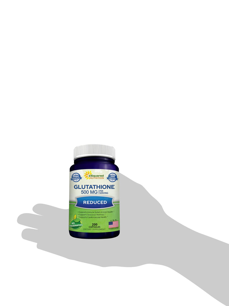 aSquared Nutrition Reduced Glutathione 500mg Per Serving Supplement -200 Capsules -L-Glutathione Antioxidant to Support Liver Health & Detox - Max Strength Powder Pills to Help Immune & Brain Function