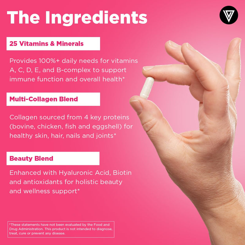 Vital Vitamins Women's Multivitamin Complex with Collagen & Hyaluronic Acid | 25 Vitamins and Minerals, Multi-Collagen Blend, Hyaluronic Acid & MSM for Hair, Skin & Nails, 60 Capsules