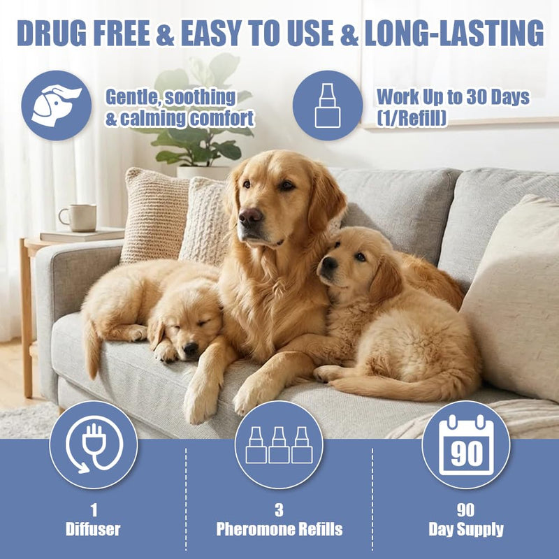 OSDUE Dog Calming Plug In, 4-in-1 Dog Calming Plug In Pheromone Diffuser with 1 Diffuser + 3 Refills, Helps Relaxation, Anxiety Relief & Stress Relief, 90 Day 1 Diffuser + 3 Refill