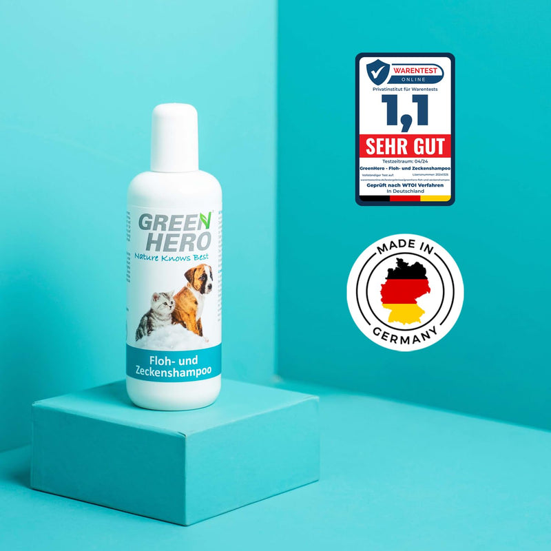 Green Hero flea and tick shampoo for dogs and cats protects against fleas, ticks, mites, lice and parasites 250ml dog shampoo and cat shampoo without silicones, parabens and microplastics - BeesActive Australia