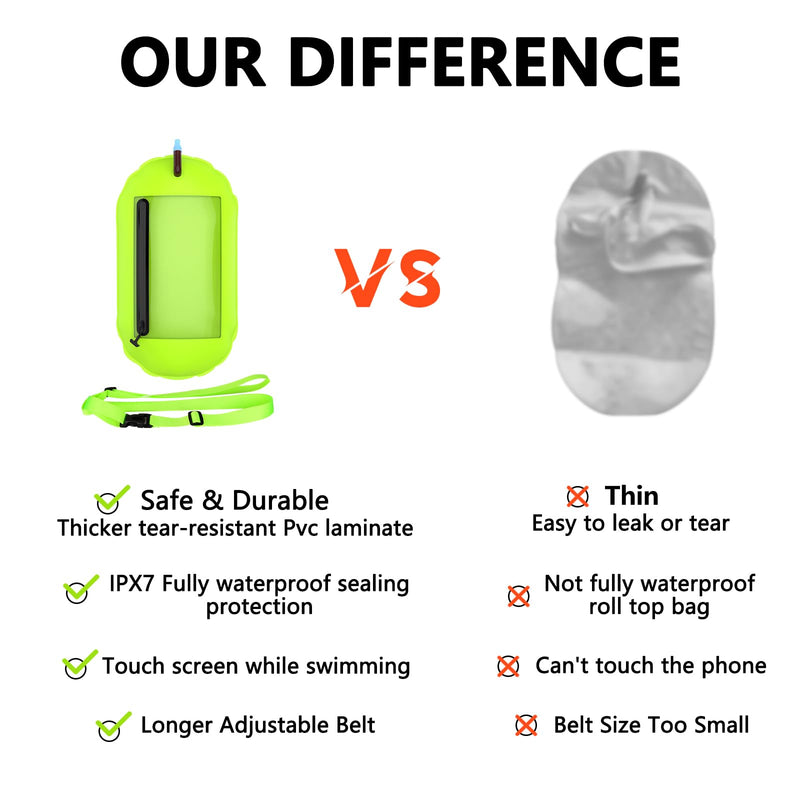 Hikeen Swim Buoy -Waterproof Touchscreen Storage Space, Swim Safety Float w/Adjustable Waist Belt for Open Water Swimmers and Triathletes -Be Bright,Be Safer & Be Seen Green