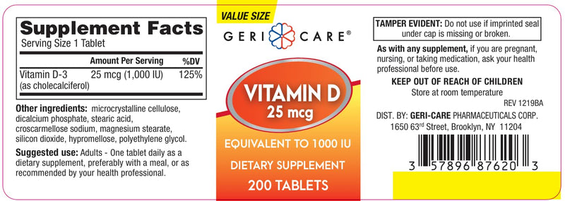 GeriCare Vitamin D-3 25 mcg (1,000 IU) – Supports Strong Bones, Healthy Mood & Immune Defense – Daily Support Supplement for Overall Well-Being – 200 Tablets (Pack of 1) 200 Count (Pack of 1) Vitamin D 25mcg