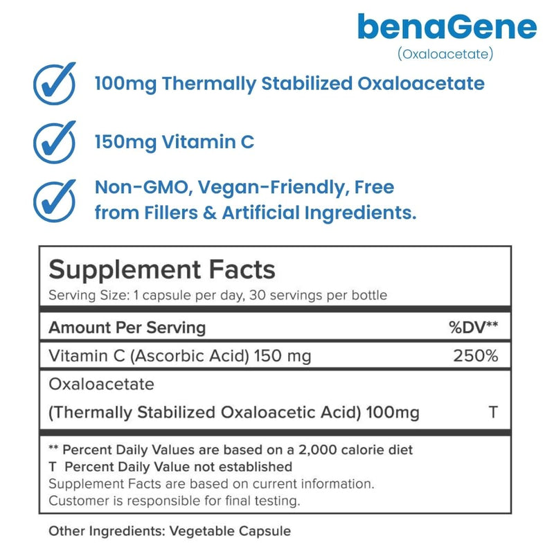 Benagene Oxaloacetate Supplement - Supports Cellular Energy - Thermally Stabilized with Vitamin C - Non-GMO & Vegan - 30 Servings, Once Daily 30 Count (Pack of 1)