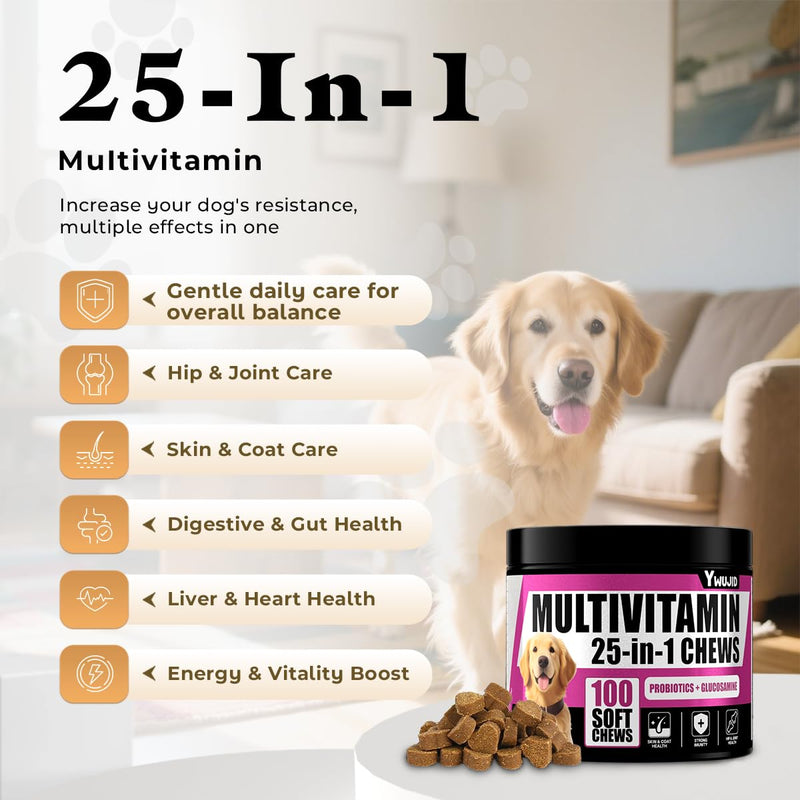 25-in-1 Dog Multivitamin Chewable with Probiotics,Dog Vitamins and Supplements Hip & Joints,Pets Immune Support,Skin,Coat,Heart,Gut Health Omega 3,Glucosamine for All Puppy,Adult & Senior Dogs