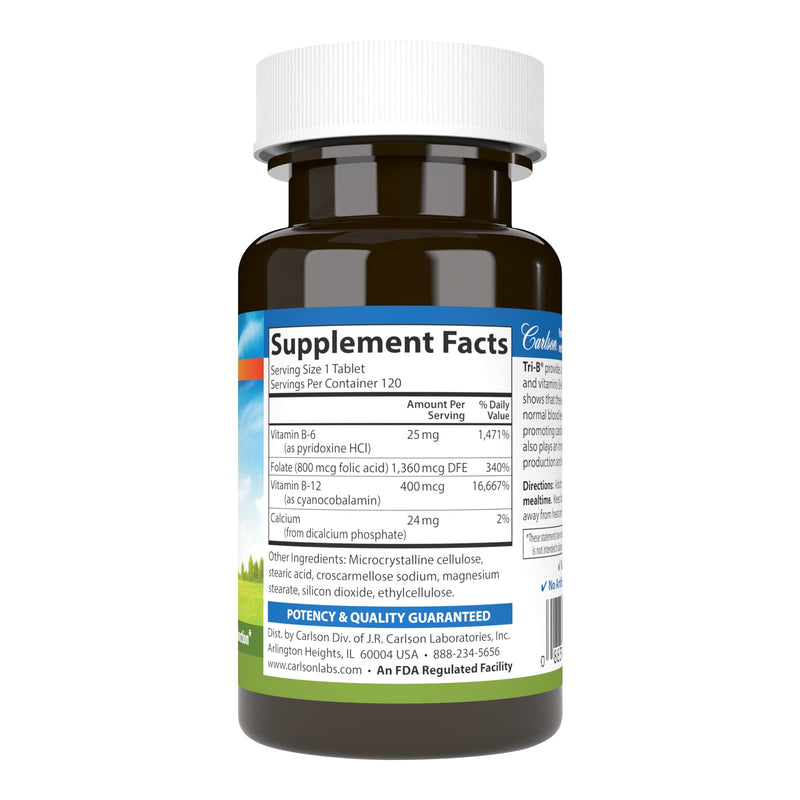 Carlson Tri-B, Vitamin B Complex, 25 mg Vitamin B-6, 120 Tablets | 400 mcg Vitamin B-12; Folic Acid; B Complex Vitamins; B12 Supplement; B Vitamin Complex 120 Count (Pack of 1)