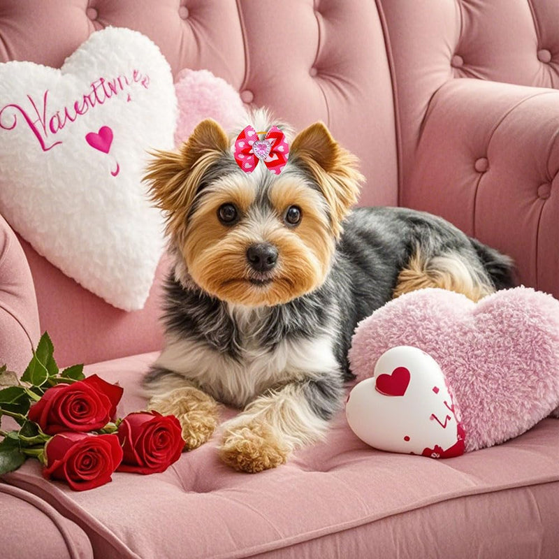 60Pcs Valentines Dog Bows with Rubber Bands Love Heart Dog Bowknot Hair Bows Red Pink PuppyTopknot Bows for Valentines Day Doggie Cat Bunny Yorkie Pet Hair Grooming Accessories Valentine's Day - BeesActive Australia